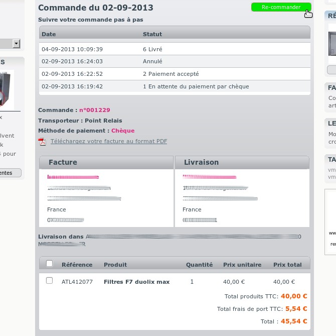 Lebonfiltre : détails d'une commande recommande