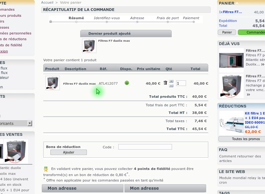 Lebonfiltre : détails du panier d'achats